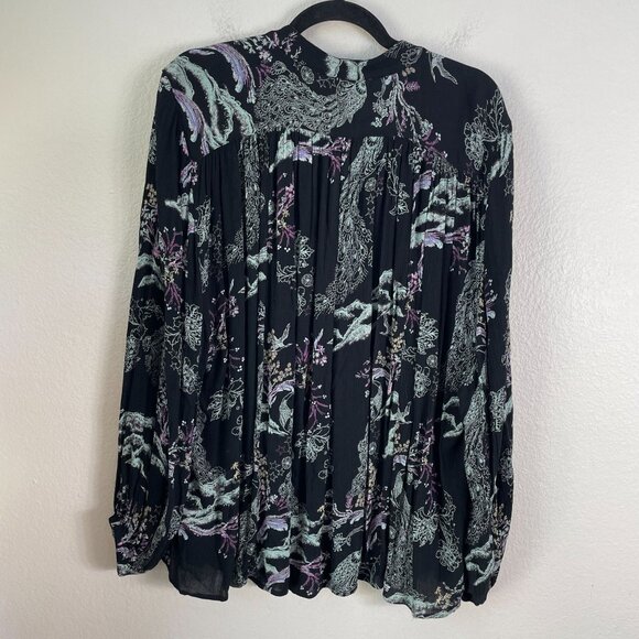 Free People Small Metallic Bloom Button Up Oversized Top Peacock Print Shirt - Picture 11 of 13